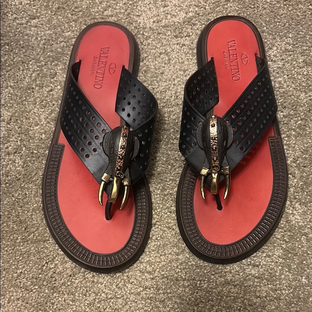 Valentino Black and Red Scarab Slide Sandals